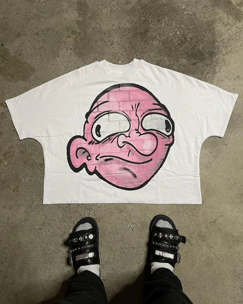 Y2K American vintage cartoon print short sleeve T-shirt Men Harajuku fashion High street couple oversized casual shirt