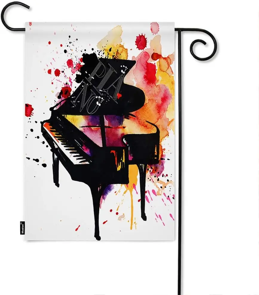 Moslion Piano Garden Flag Watercolor Classical Music Instrument Piano With Splash Doodle Flags Double-Sided Banner Welcome Yard