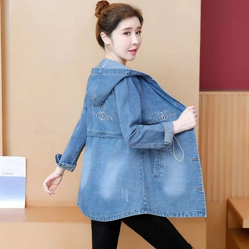 Denim Trench Coat For Women 2023 New Hooded Autumn winter Long Denim Jacket Female Loose Embroidered Oversized Top