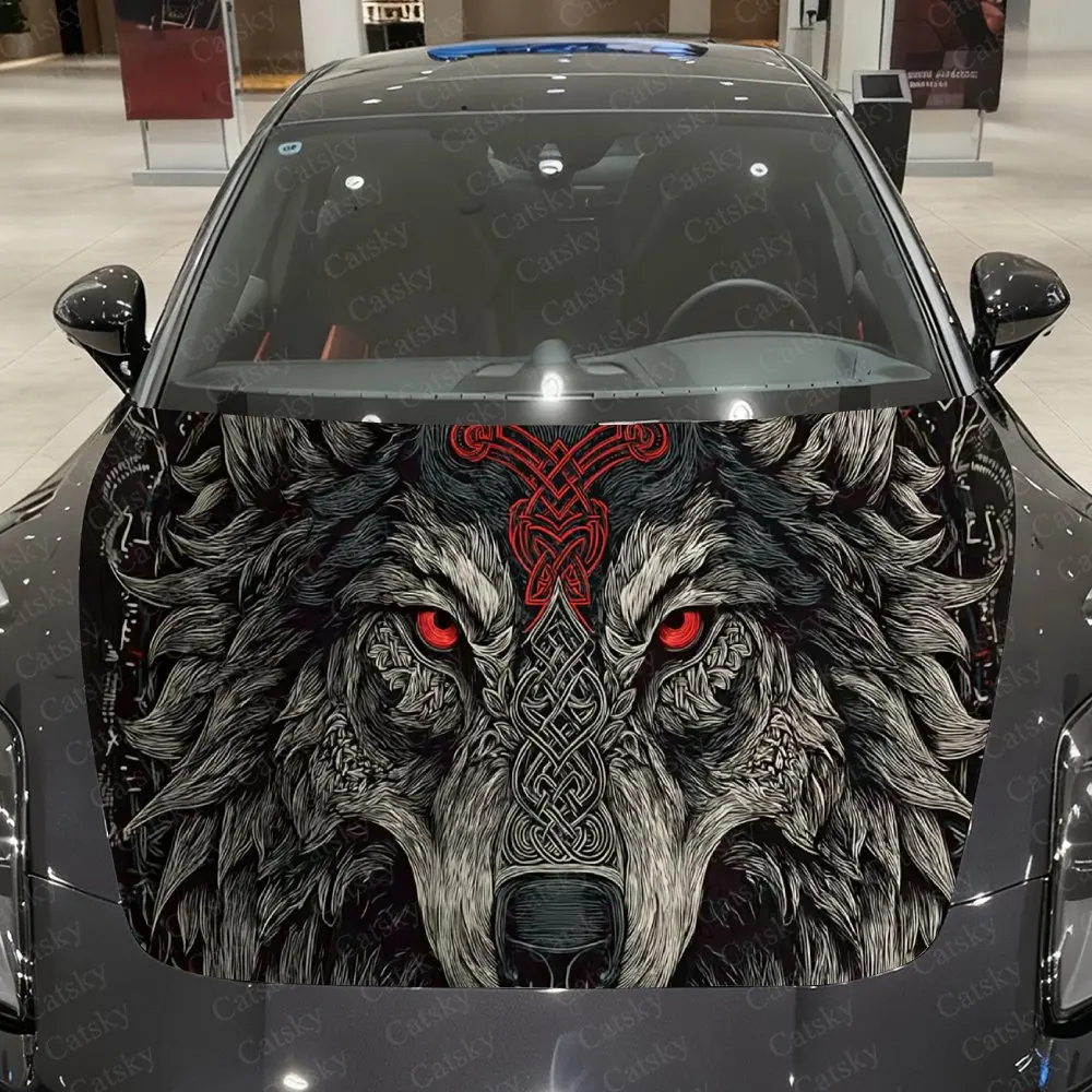 Red-Eyed Wolves Car Vinyl Wrap, PVC Waterproof Car Hood Sticker, Self-Adhesive Scratch-Resistant Stickers