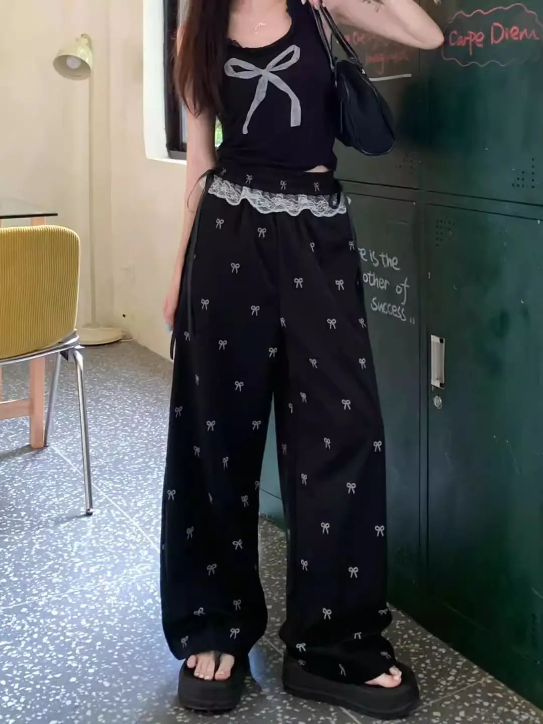 레이스 엣지 패치워크 캐주얼 팬츠, 리본 팬츠, 아동 여름 루즈핏 밴딩 와이드 팬츠, 스트레이트 팬츠, 시원하고 사랑스러운