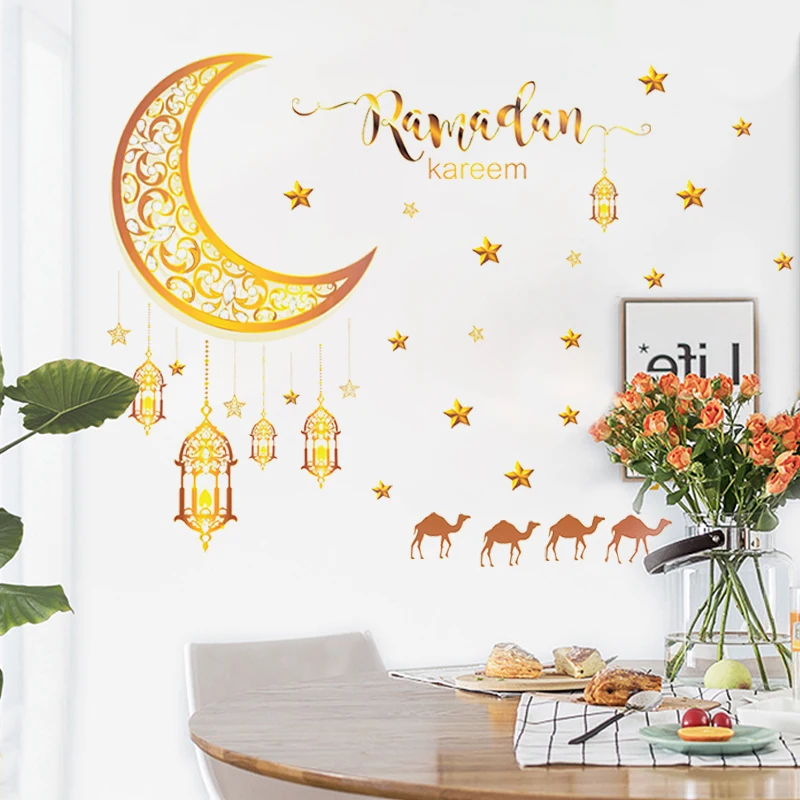 1pc Ramadan Kareem Eid Mubarak Wand Aufkleber Ramadan Dekorationen Wand Aufkleber Sterne Laterne Muster Party Islamischen Festival Dekor