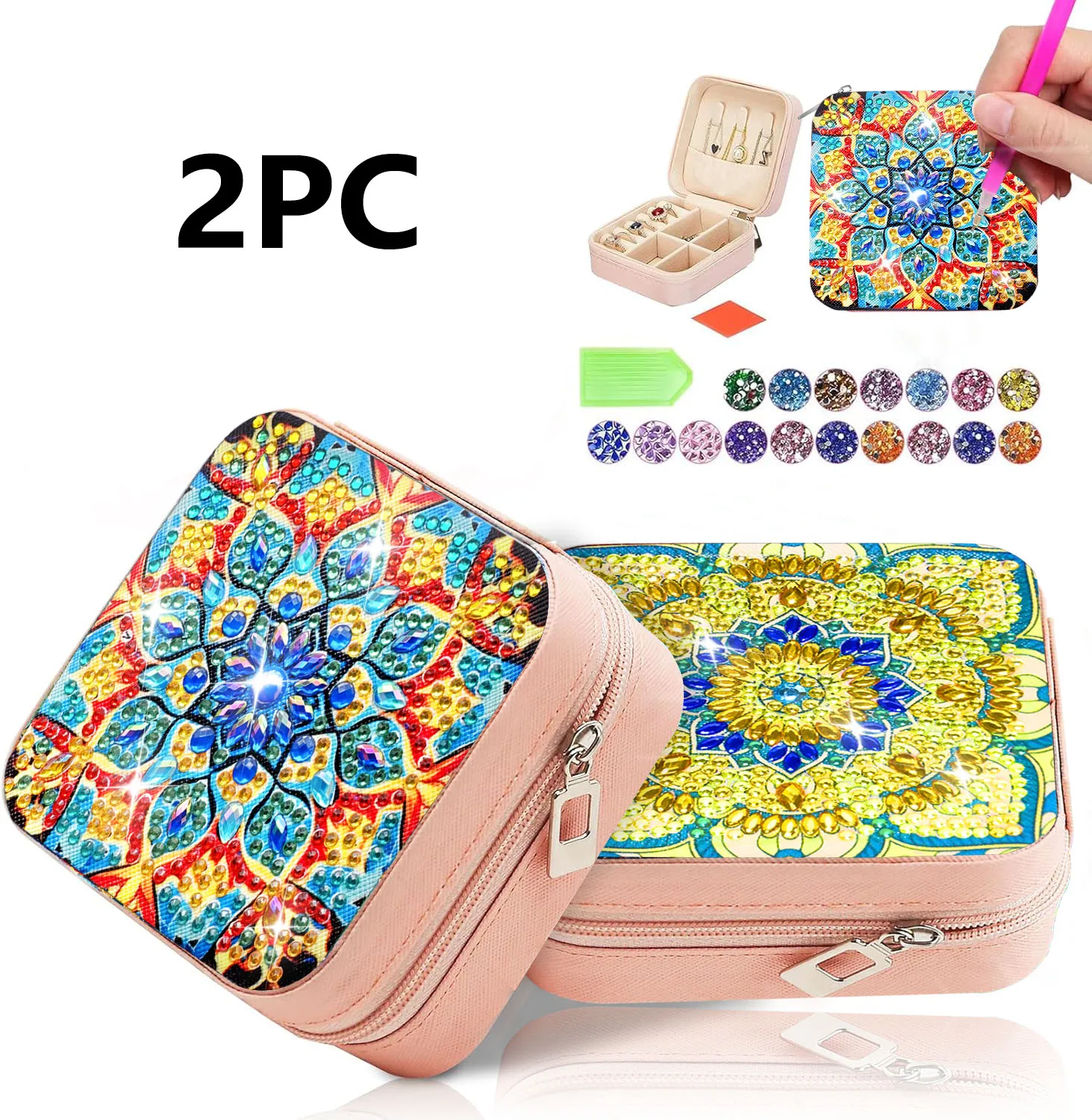 

2 DIY mandala pattern diamond art painting jewelry box sets, canvas material for storing small jewelry travel boxes