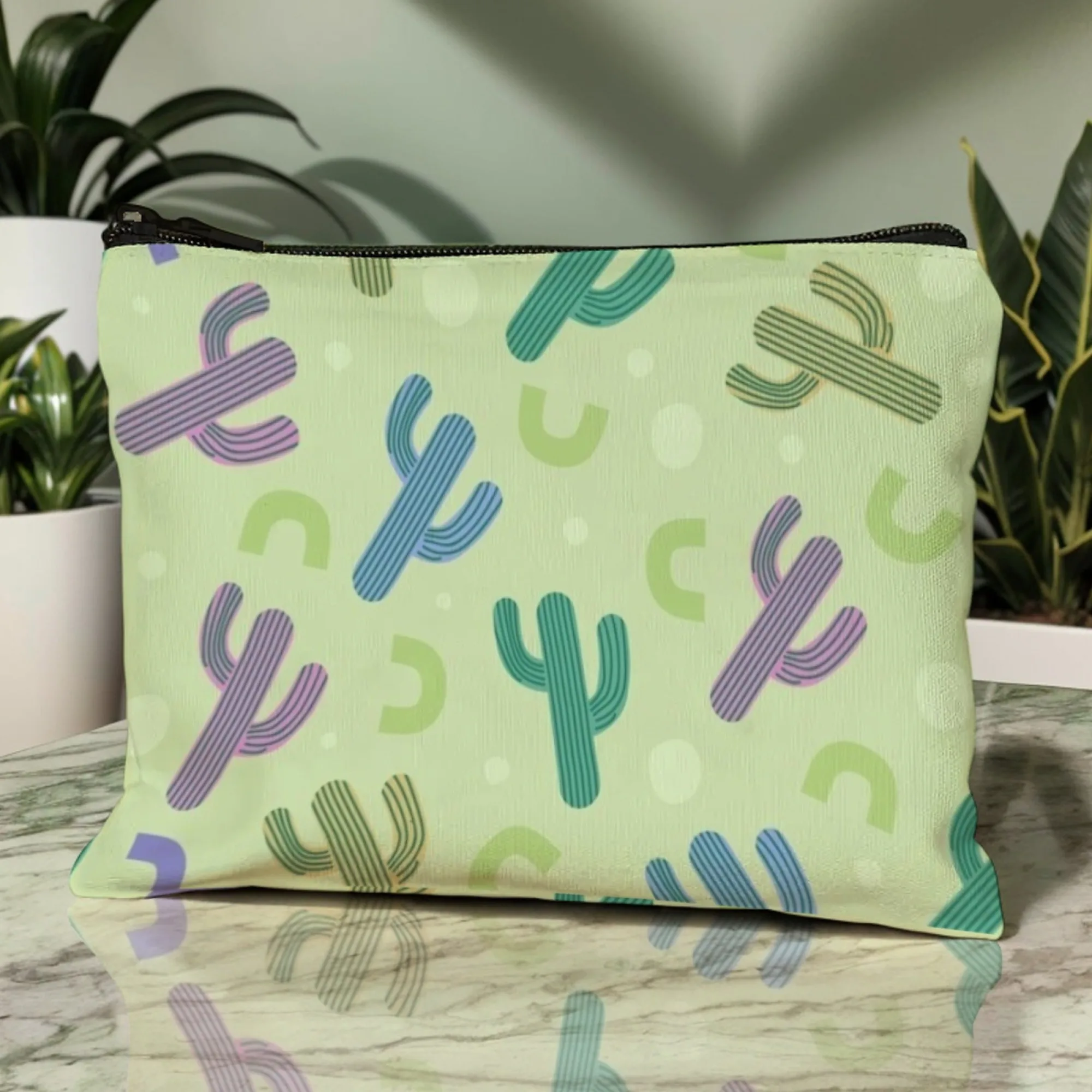 Cute Cartoon Bohemia Cactus-Print Canvas Cosmetic Pouch Patterned Succulents with Accents Tropical Zippered Makeup Storage