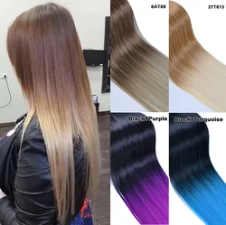 Jeedou synthetisches glattes Haar einteilige Haar verlängerung mit unsichtbarer Linie keine Clips Haar teile lila blau blond Ombre Farbe