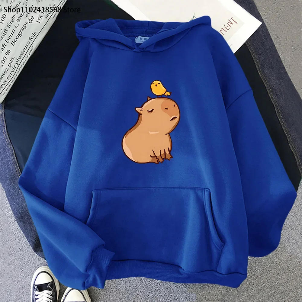 Cartoon Capybara with His Bird Friend Hoodies Women's Kawaii Animal Graphic Sweatshirt Men  Long Sleeve Hooded Tops Y2k Clothes