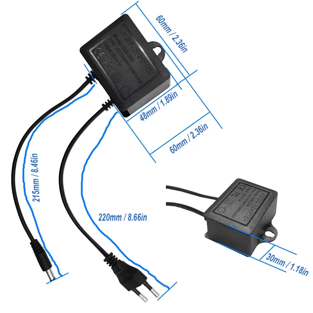2PCS DC12V 2A Power Adapter EU Plug Black Outdoor Waterproof Power Supply for CCTV Camera NVR DVR Router LED Monitor