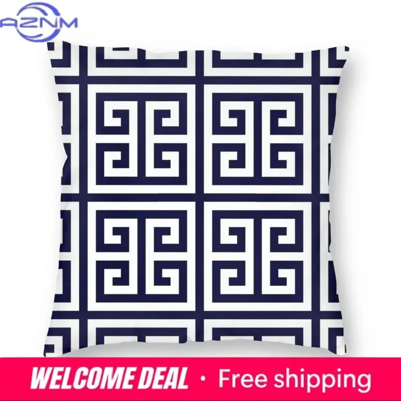 Greek Key Navy Blue Geometric Pillowcase Soft Polyester Cushion Cover Decor Trendy Pillow Case Cover Seater Zipper 18''