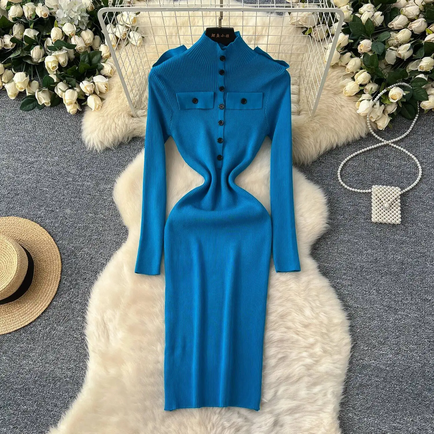 シックでエレガントなソリッドニットスプライススリム長袖ペンシルドレスフェアリー秋のベスティドス女性用パーティー