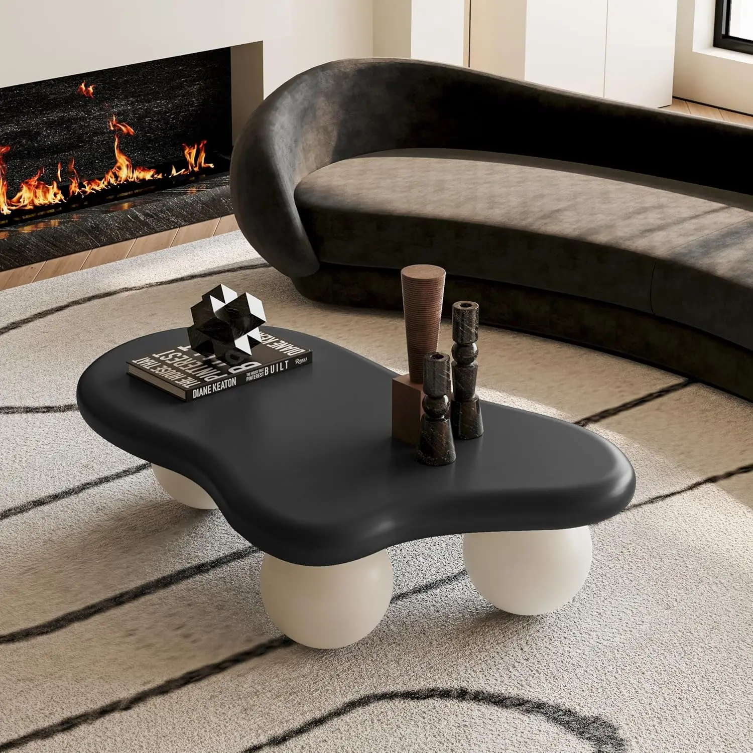 40” Black & White Modern Cloud-Shaped Coffee Table - Irregular Entertainment Center Table with Round Edges