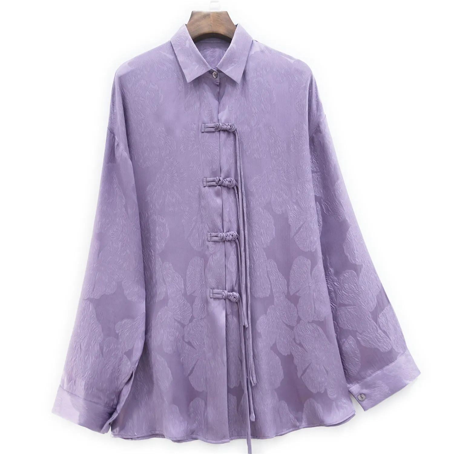 Birdtree Mulberry Silk Tassels New Chinese Style Shirt Women Lapel Collar Loose Jacquard Retro Fashion Mom's Autumn Top T3D455QC