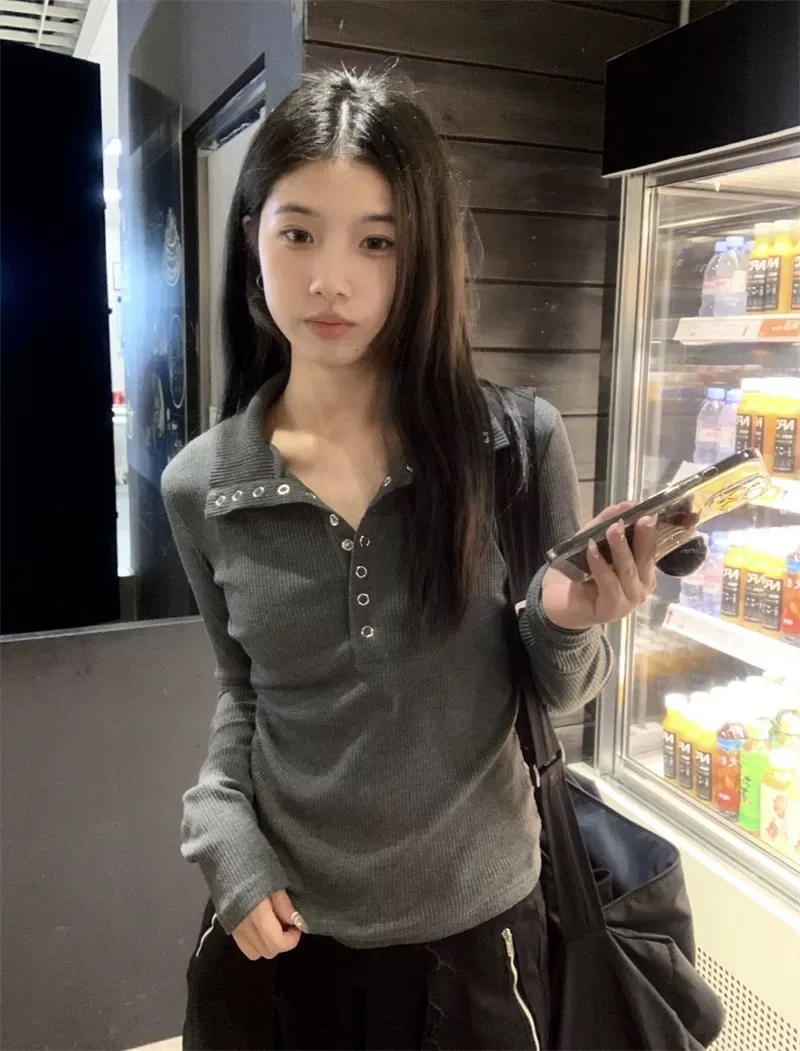 Vertical Rib Women Polo Collar Long Sleeve T Shirt Half Open Metal Buttons Slim Bodycon Stretch Basic Undershirt Streetwear