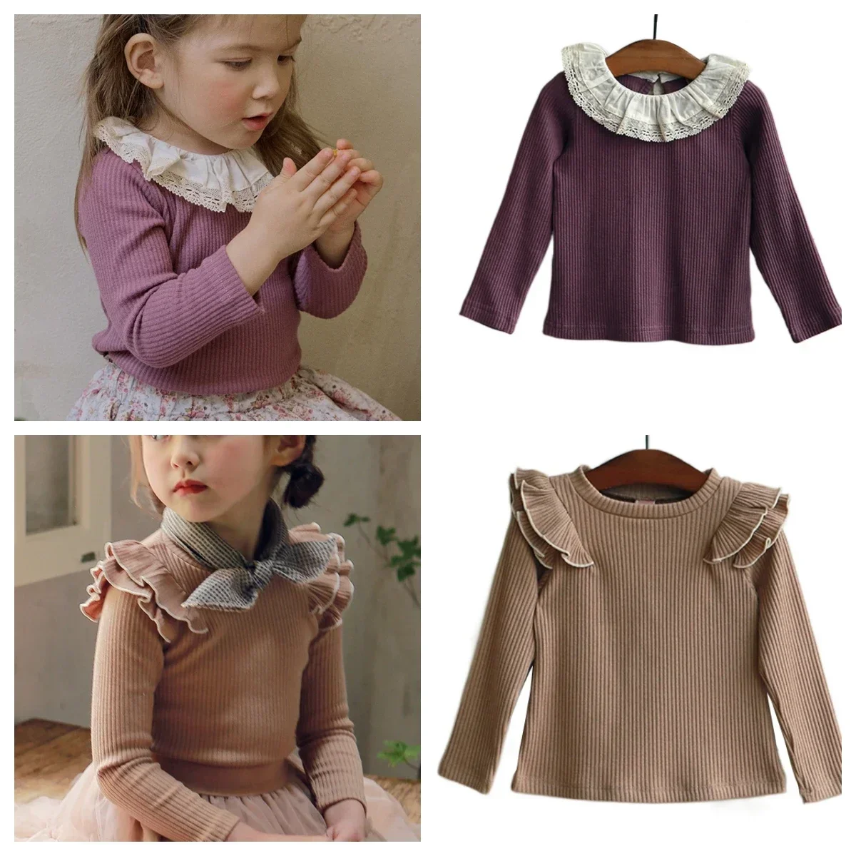 Kids Girls T Shirt 2024 Autumn New Toddler Baby Girls Lotus Leaf Cute Lace Long-sleeved Knit T-shirt Tops