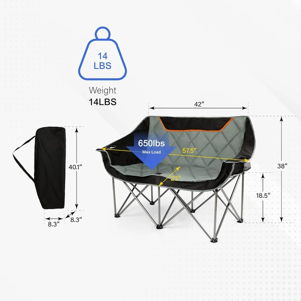 

Camping chair, oversized, fully padded, folding double chair, sofa, heavy-duty four-fold chair, armchair with cup holder