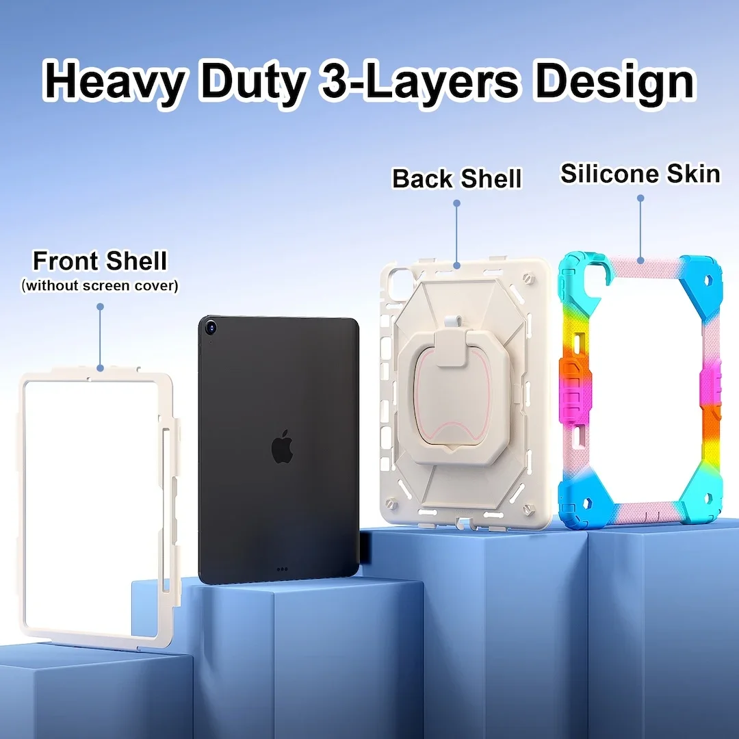 Heavy Duty 3 Layers Designed Cover For iPad Air 13 M4 M3 M2 iPad Pro 13inch 2025 2024 Protective Case Shell Rotating Grip Stand