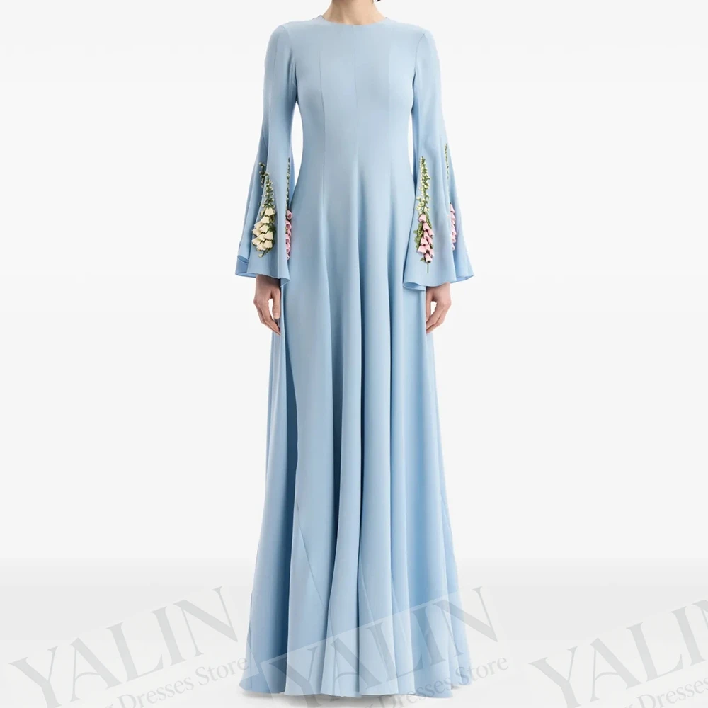 

Women's A-line Evening Dresses Floor-length O-neck Full Sleeve Prom Gown Fashion Flowers Simple Draped Casual Customized Gowns