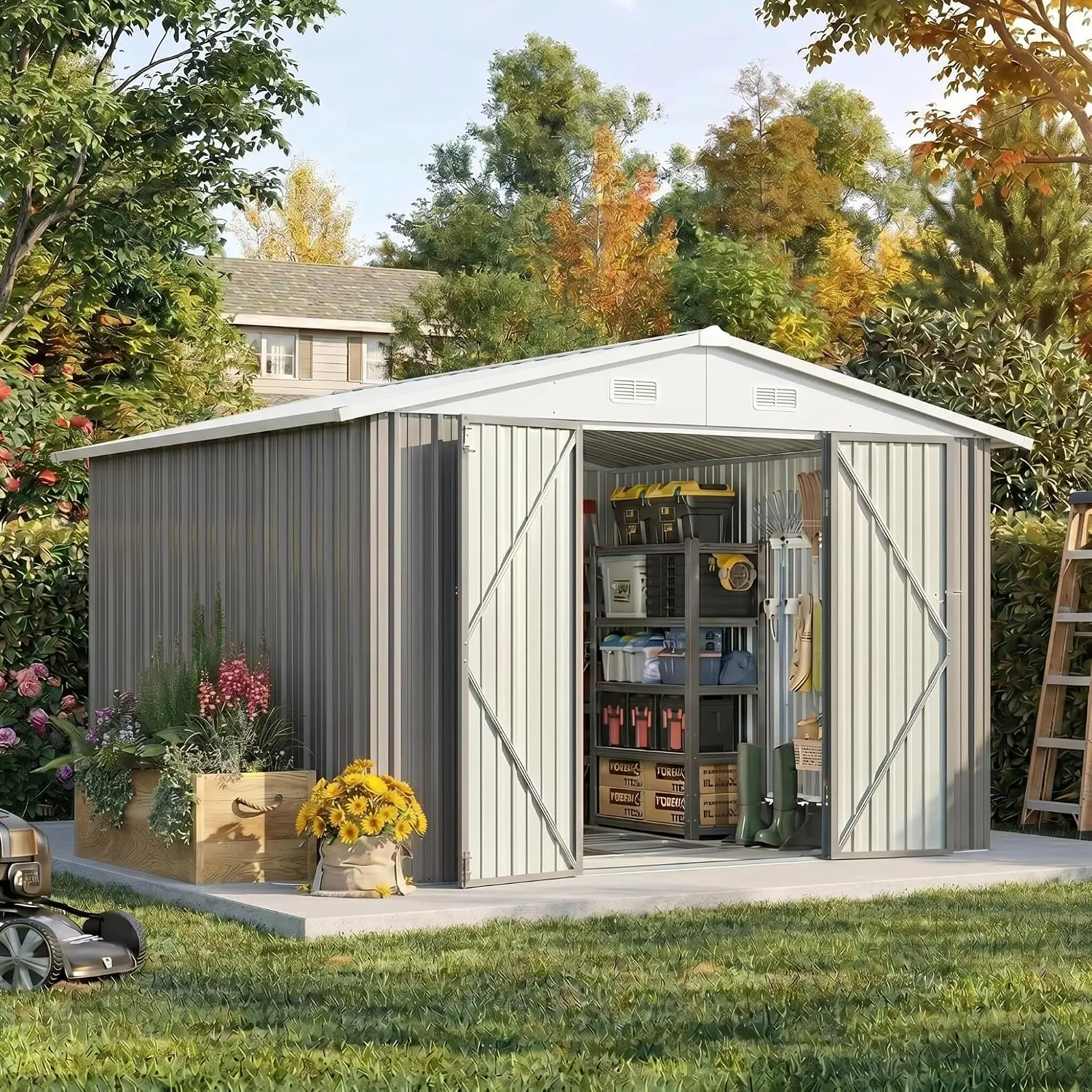 10x10 FT Outdoor Storage Shed with Floor Frame, Gray, Customized