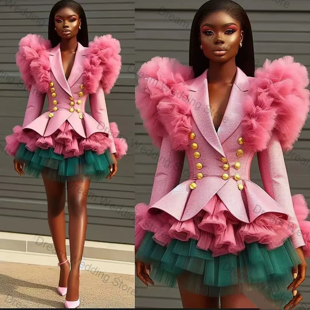 

Роскошный розово-зеленый женский костюм-двойка: пиджак и короткое мини-платье для выпускного вечера, официальное офисное пальто для женщин, индивидуальный пошив, для гостей на свадьбу