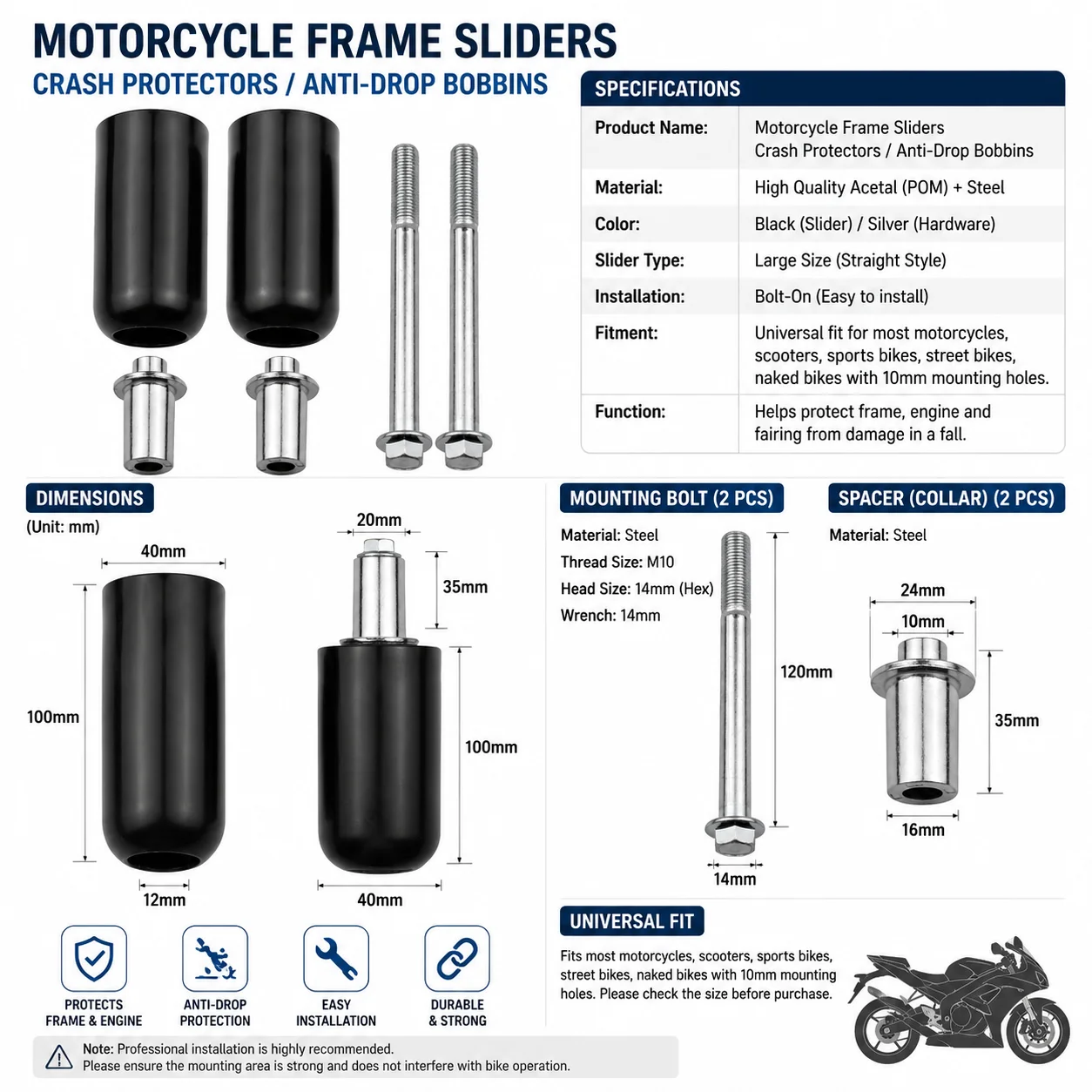 Universal Plastic & Alloy Frame Crash Sliders Anti-collision Protector Bar For Motorcycle Scooter E-bike 2 Pieces Kit