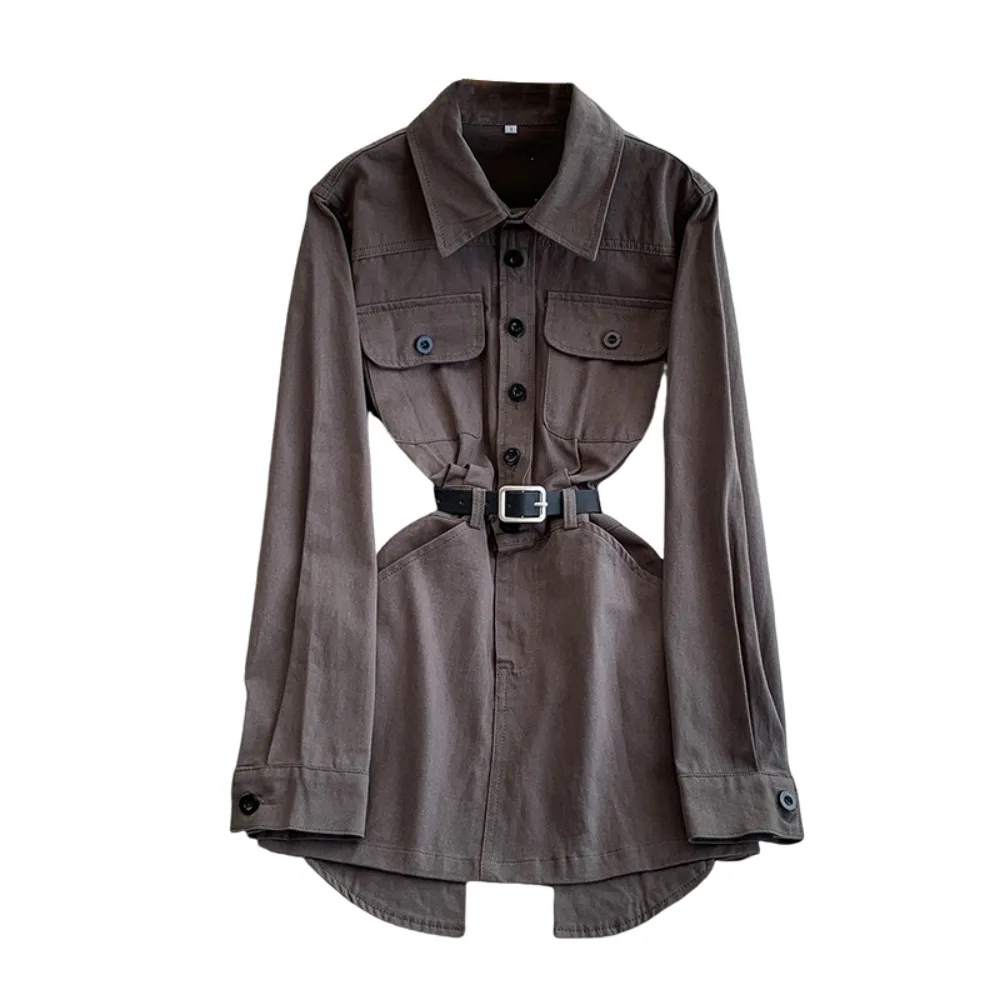 فستان SuperAen على الطراز الكوري بتصميم عتيق وياقة بولو من قماش الدنيم للنساء للخريف والشتاء فساتين قميص بخصر جديد برباط #6