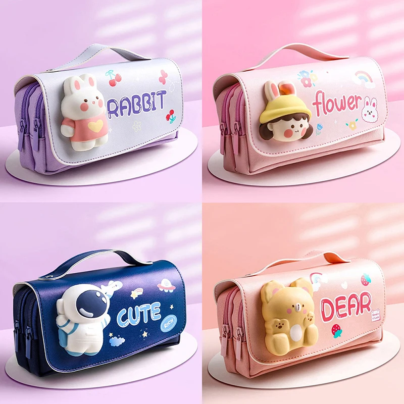 Cute Cat Decompression Pencil Case Big Pencil Box Portable Girl Pen Bag Double Layer School Pouch Kawaii Stationery Pencil Cases