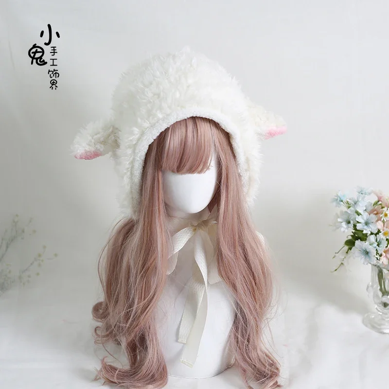 Gorros bonitos para niñas, gorros elegantes y pequeños con orejeras Kawaii, gorros de Lolita, sombrero peludo hecho a mano para mujer