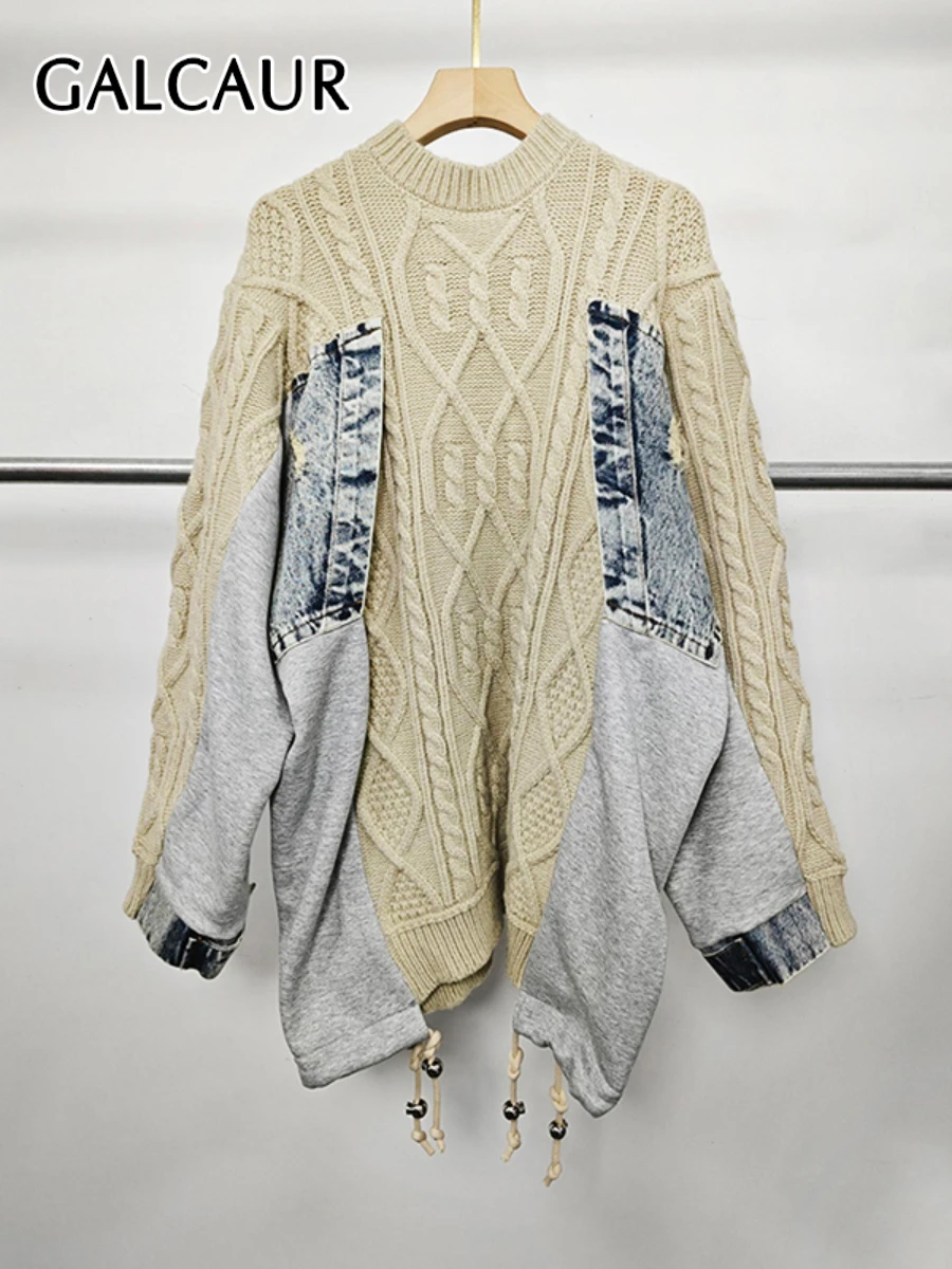

GALCAUR Hit Color Loose Temperament Pullovers For Women Round Neck Long Sleeves Patchwork Cowboy Sweater Female Fashion Clothing