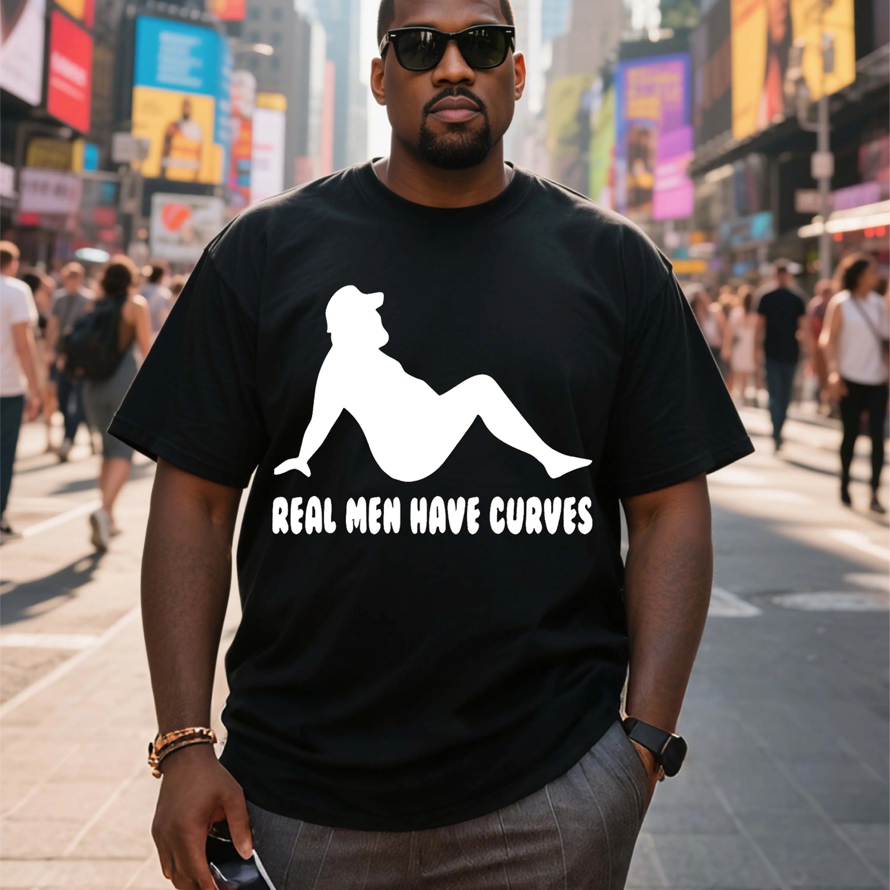 

Черная мужская футболка больших размеров с текстом «Настоящие мужчины имеют изгибы» и белым рисунком. Подходит для летнего отдыха.