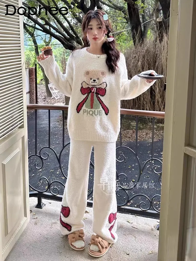

Осенние новые пижамы в японском стиле с круглым вырезом и милым утепленным бантом из кораллового флиса, домашняя одежда для женщин