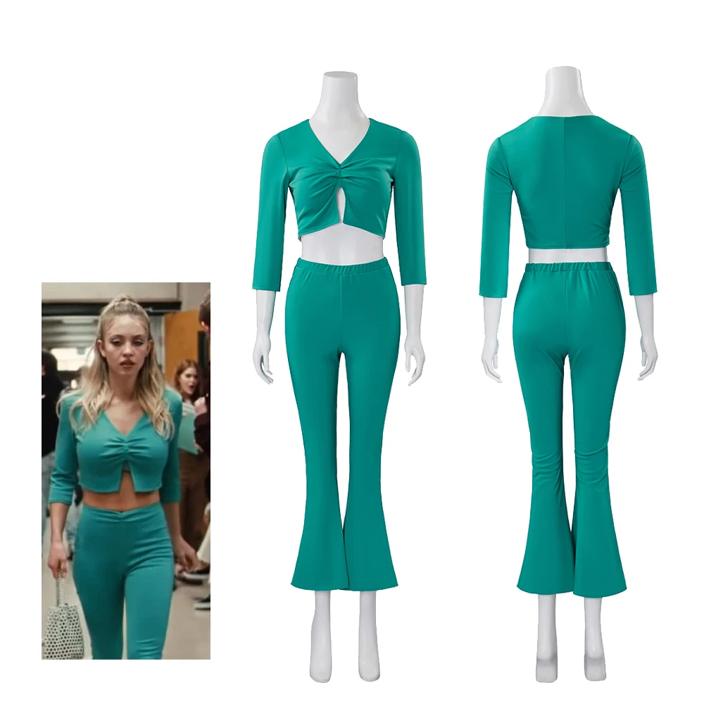 Euphoria Cassie Howard Cosplay Costume Green Sexy Crop Top and Pants Maddy Perez's Friend Cassie Suit Halloween Carnival Outfits