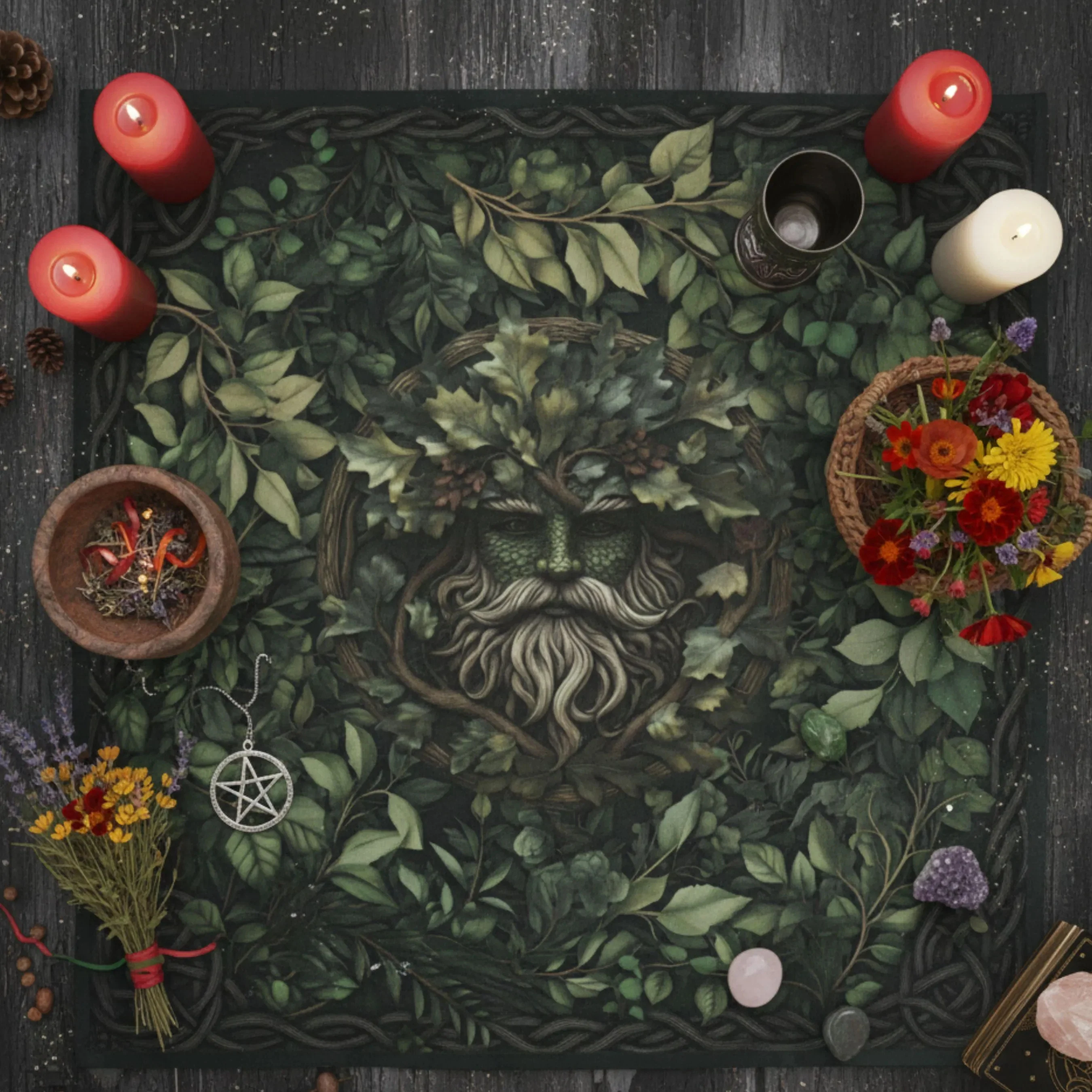 VIKAMA Celtic Green Man Forest Tablecloth Witch Altar Dark Forest Tarot Divination Ceremony Tablecloth Tarot Card Tablecloth