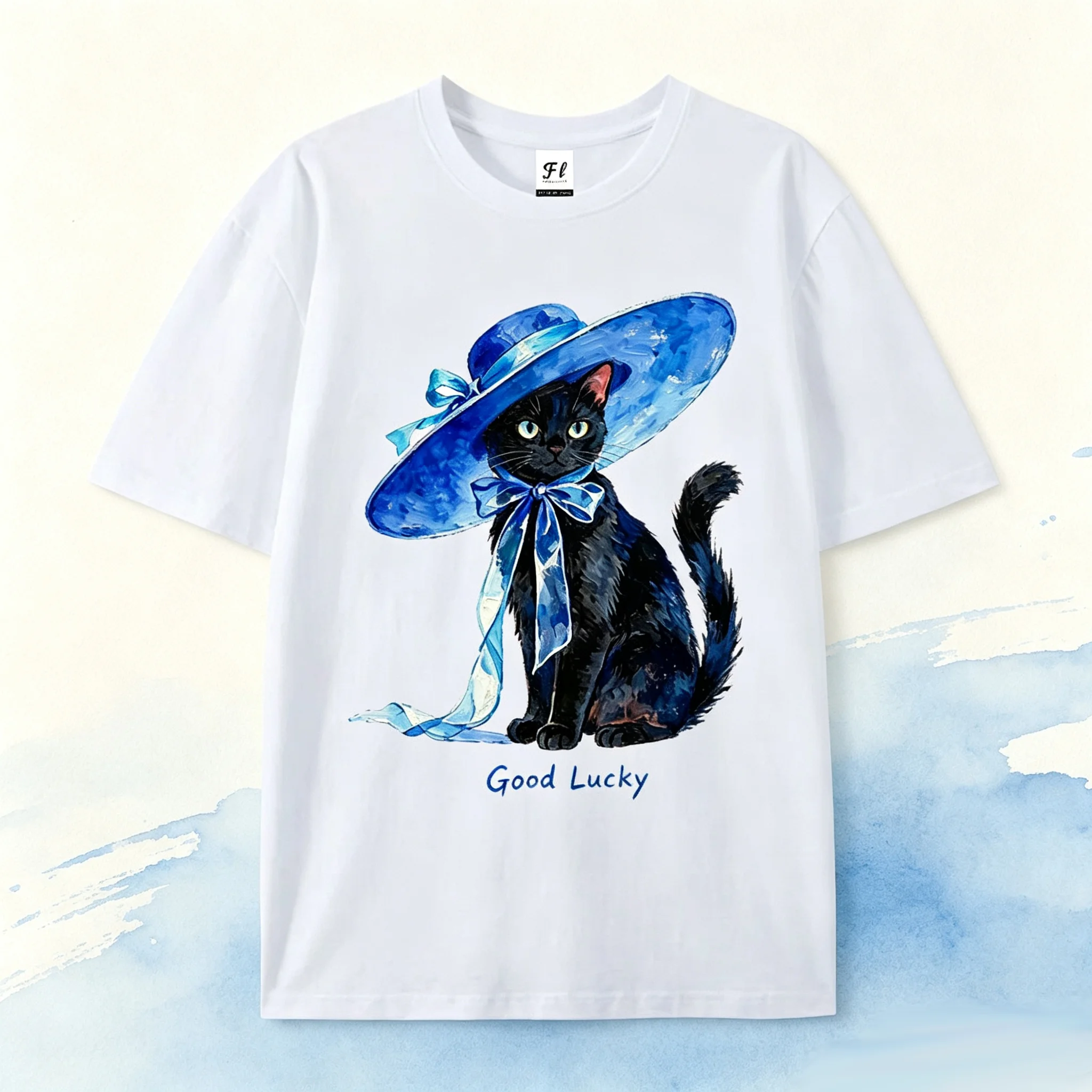 Cute Black Cat With Blue Big Hat Graphic T‑Shirt Good Lucky Print Oil Painting Animal Short Sleeve Unisex Casual Streetwear Tops