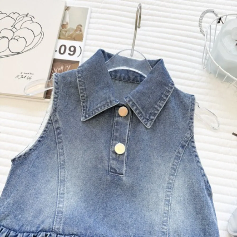 2026 Summer Korean Girls Sleeveless Denim Dress, Classic Shirt Collar Casual Kids Fashion Dress for  90-150cm