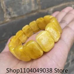Natural Baltic Amber Elastic Wide Bracelet Yellow Beeswax Gemstone Bangle Men Women Healing Jewelry Real Ambers Amulet Bracelets