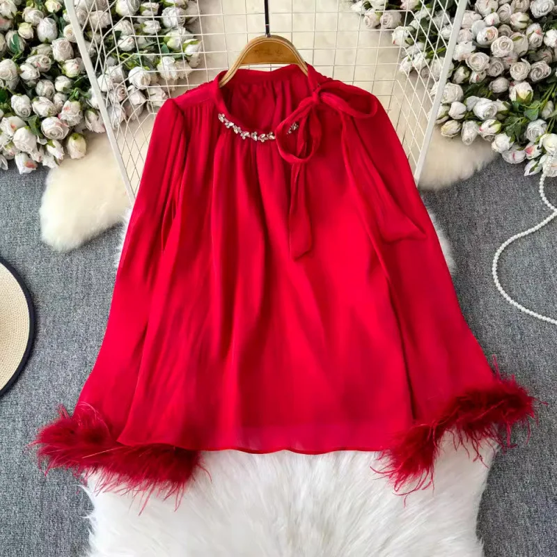 

French Style Light Luxury High-End Unique Stunning Design Diamond-Studded Top Apricot Ostrich Feather Satin Blouse For Women