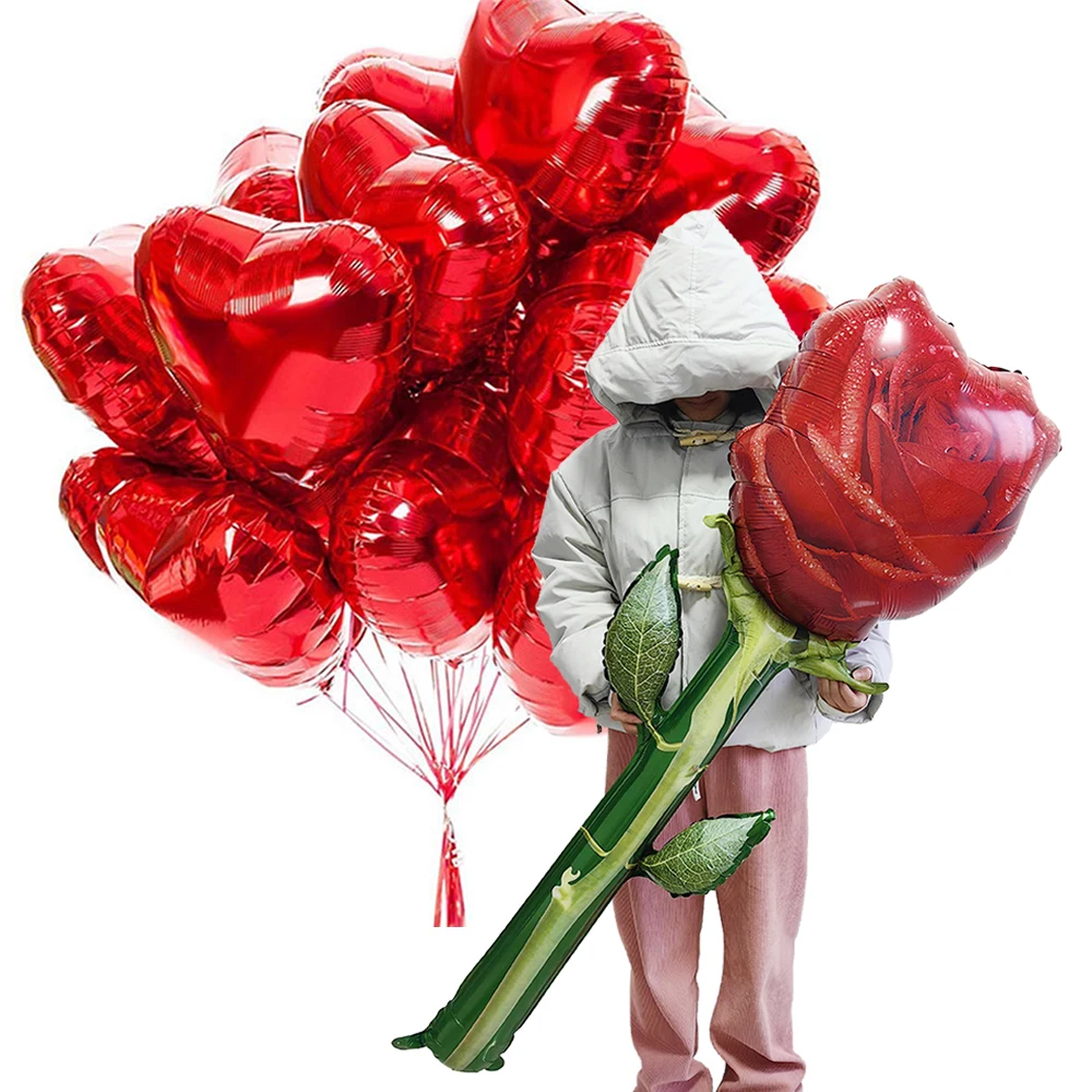 Valentine's Day Theme Party Supplies Love Heart Balloon 1.3m Hign Rose Flower Balloon Girls Wedding Birthday Decoration Supplies