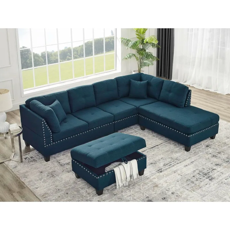 Juegos de muebles para sala de estar, sofá seccional con almacenamiento otomano, 2 almohadas en forma de L y Chaise Reversible Extra ancho, sofá tapizado