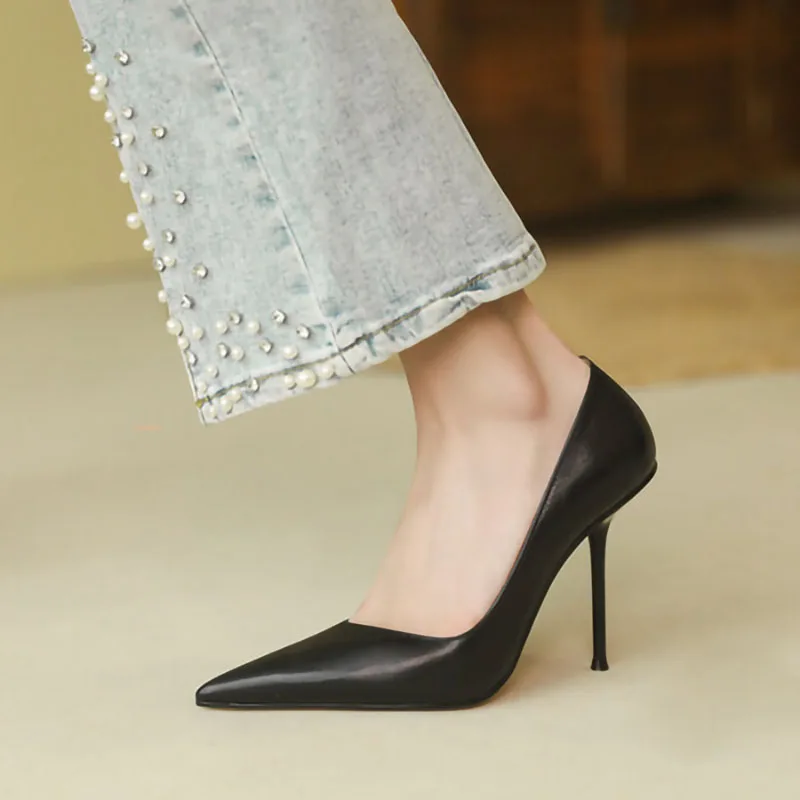 

High heels women's slim heels genuine leather nightclub temperament sexy pointed toe shallow mouth single shoes