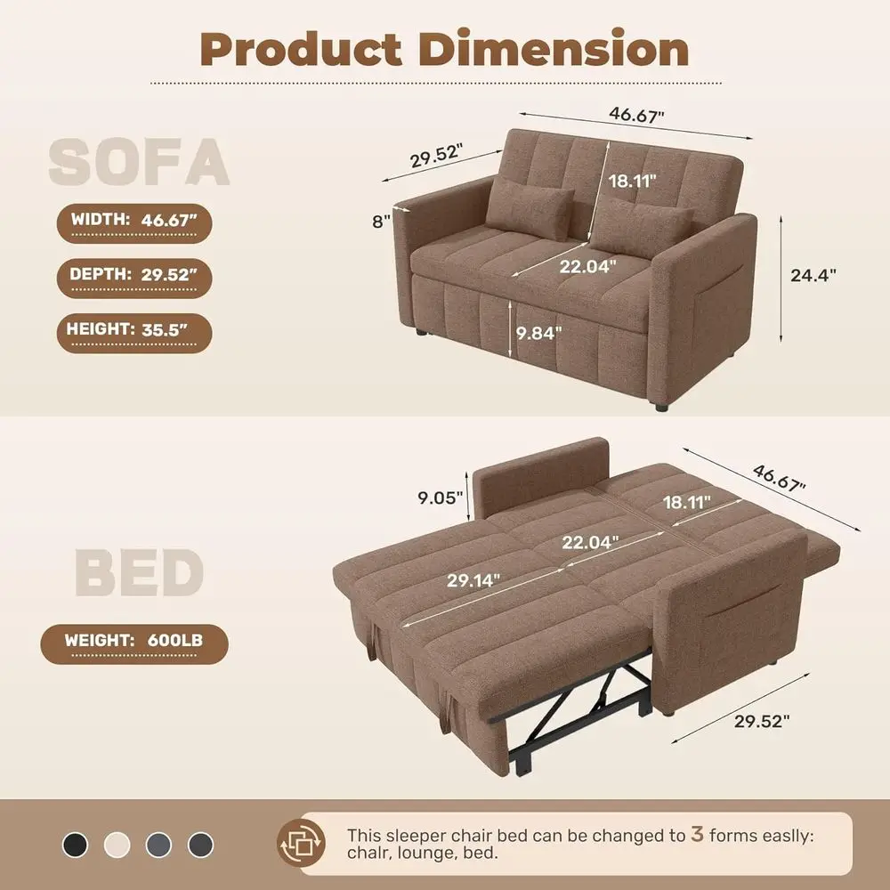 Sleeper Soa Bed,3-in-1 Convertible Pull Out Couch with Adjustable Backrest or Living Room,Loveseat Soa Bed with Side kets,Easy A