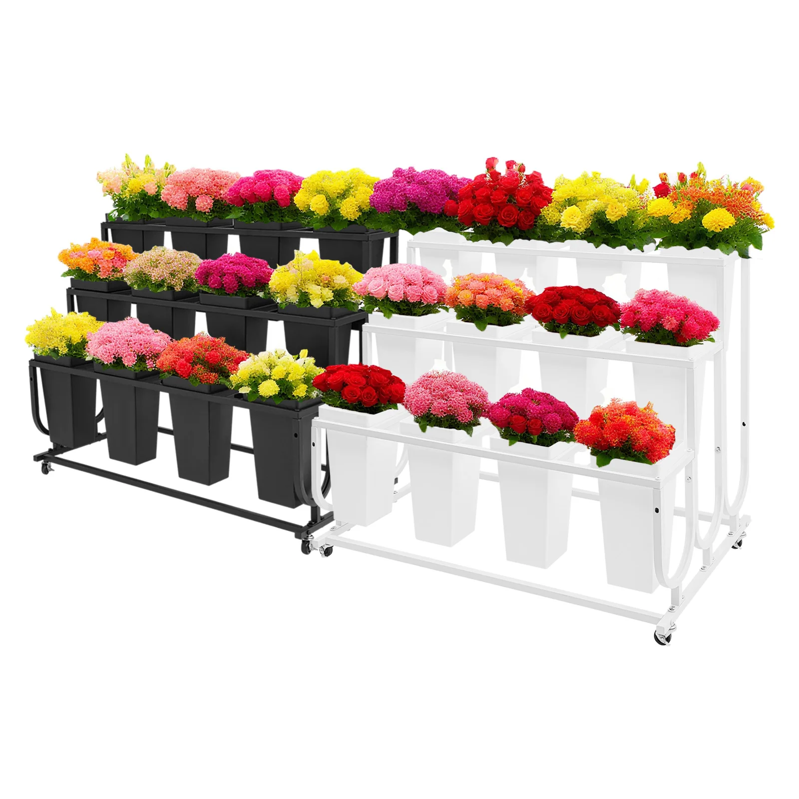12 baldes de metal, 3 camadas, suporte de exibição de flores com 4 rodas bloqueáveis para loja de flores, casamento, casa, decoração de jardim, exibição de plantas
