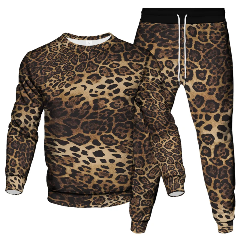 Vintage Style Men Tracksuit Animal Leopard Snake Florial Gold Chain Pattern Print Clothing Suit Man Sweatshirt Pant 2Piece Sets