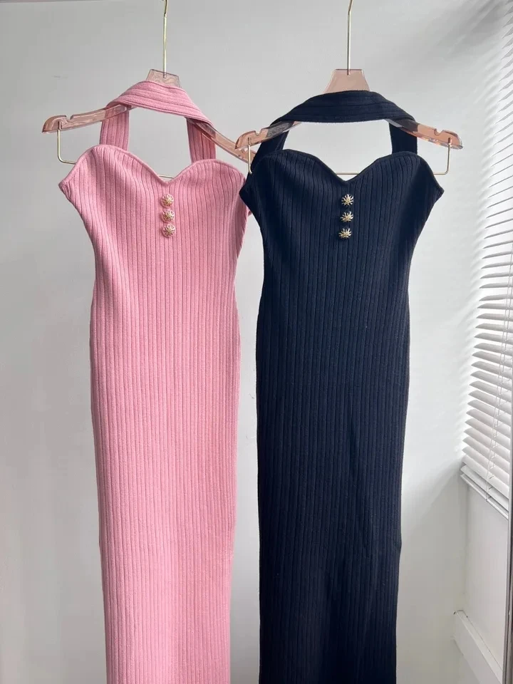 2024SS Summer Sexy New Women High Quality Strapless Halter Knitted Slim Dress for Lady 2 Color