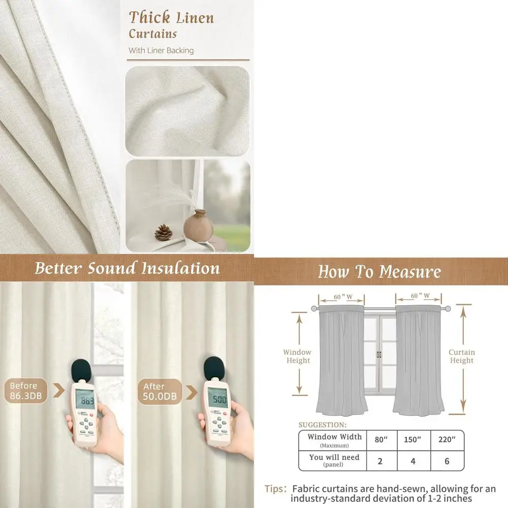 

Ivory Linen Curtains with White Liner, 60x95 Inches, Full Room Darkening, Back Tab & Rod Pocket, 2 Panels for Living Room Farmho