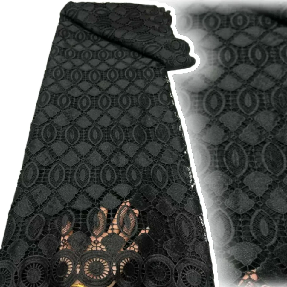 

African Black Milk Silk Fabric Water Soluble Lace 2025 High Quality Nigerian Guipure Cord Lace for Sewing Wedding Dress CC1748