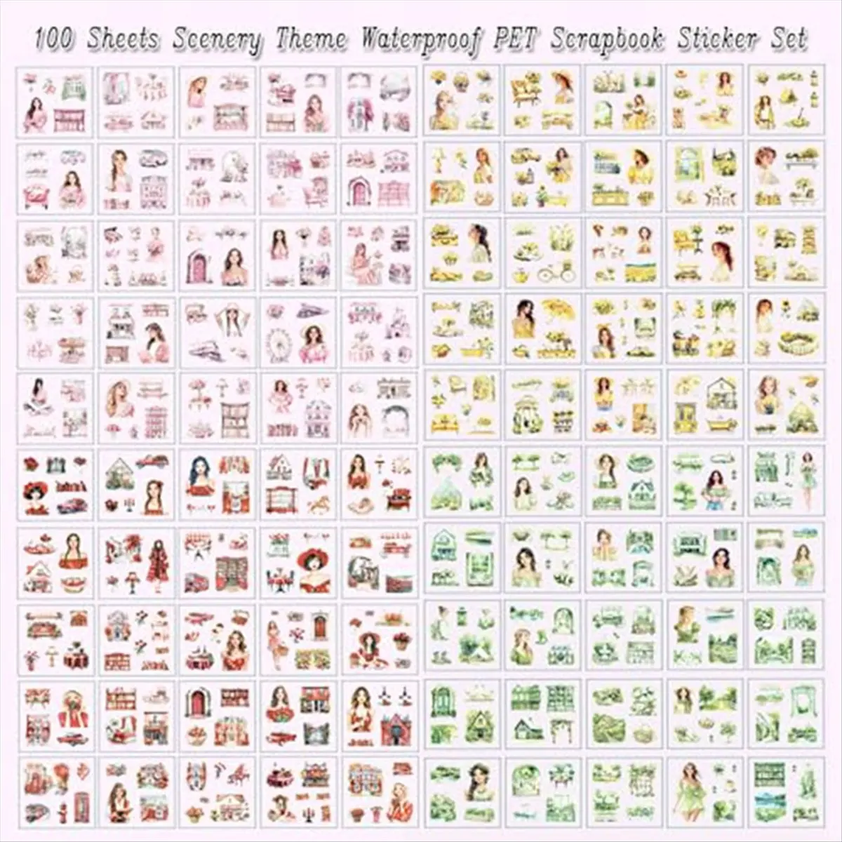 COFA 100 Sheet Spring Scrapbook Stickers for Scrapbooking Supplies, 100 Sheets Transparent PET Scenery Journal Stickers