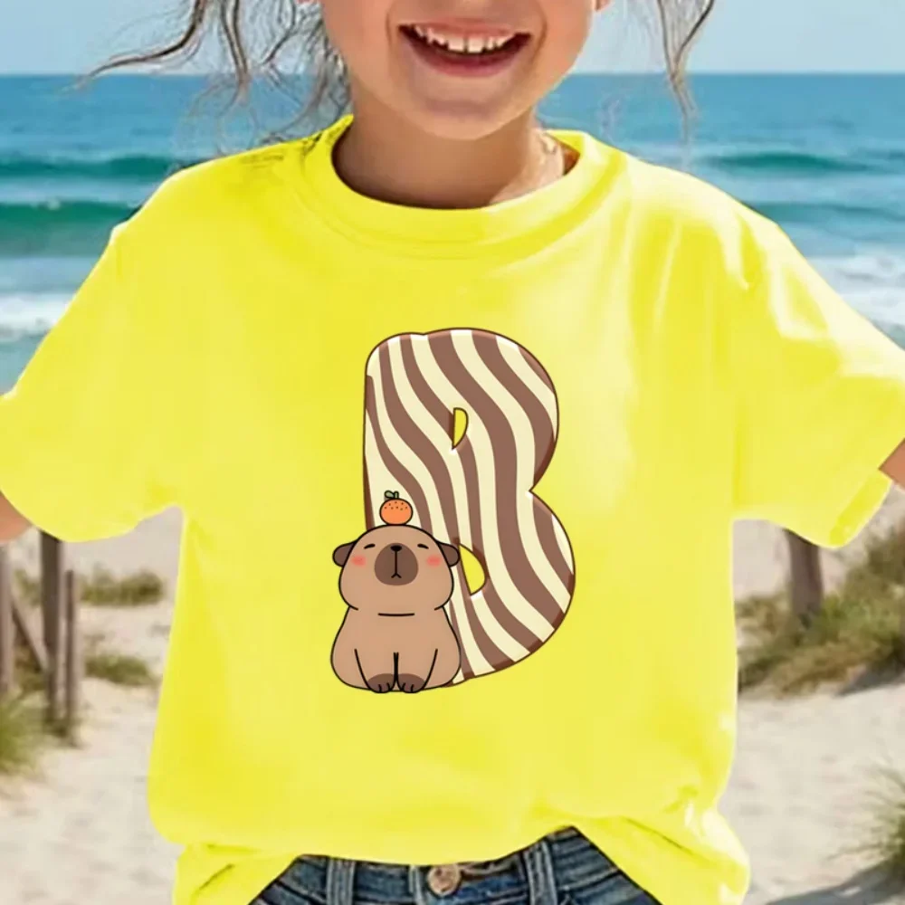 Kids Yellow Short Sleeve T Shirt Striped Number One Cute Lazy Capybara With Orange Graphic Print Boys Girls Summer Tee