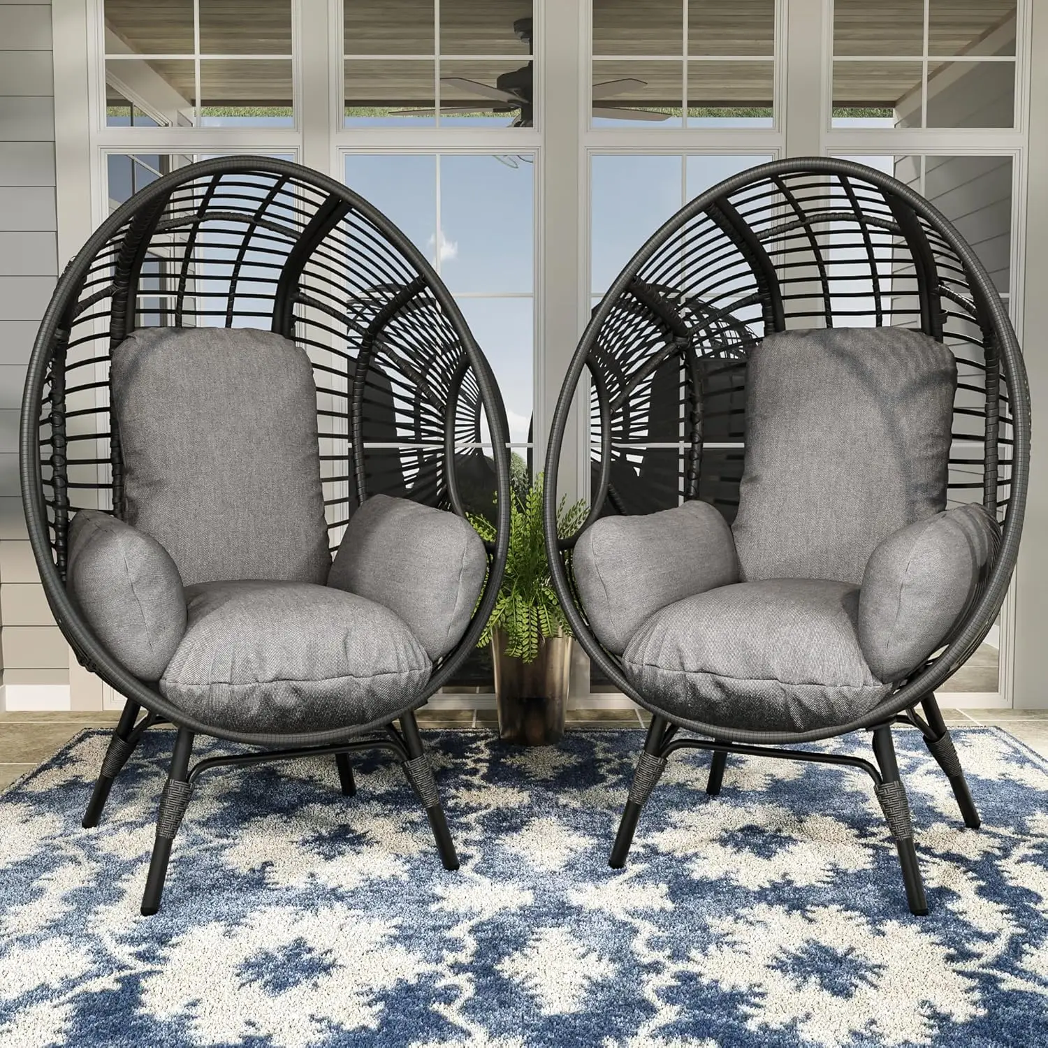 

2 pcs Oversized Wicker Egg Chair Outdoor Indoor - Rattan Patio Egg Lounge Chairs with Cushion 500lbs Capacity for, Customized
