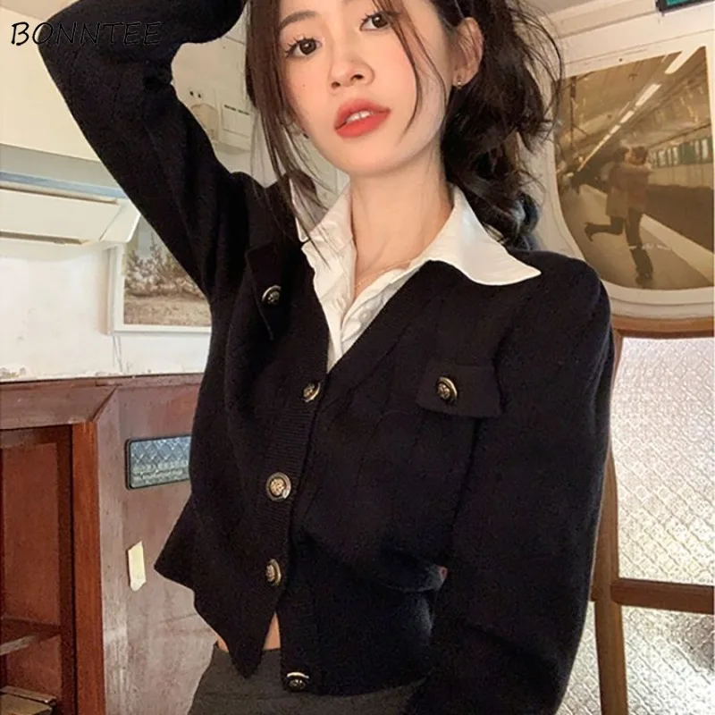 Long Sleeve Shirts Women Fake 2pecs Short Black Autumn Winter Slim Design Gentle All-match Preppy Students Minority Female Chic