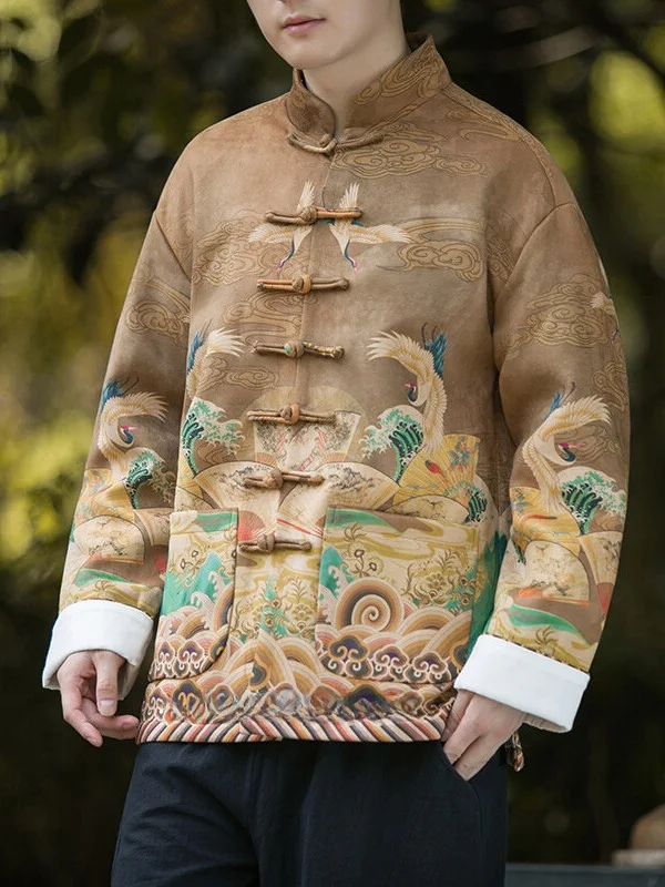 

Trendy Suede Jaet for Men with Crane Print Stand Collar Outerwear Thiened Autumn Winter Faion Casual Coat