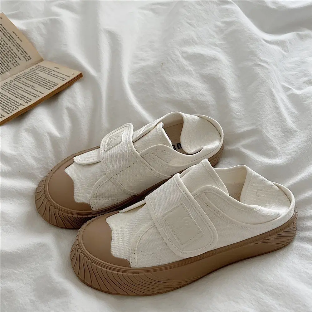 

Модные белые парусиновые тапочки, двойные лоферы на липучке с утолщенной подошвой, противоскользящая резиновая подошва, женская летняя обувь